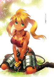  blonde_hair blush boots breasts cestus_(sekaiju) cestus_2_(sekaiju) cleavage closed_mouth crop_top dark-skinned_female dark_skin female full_body gauntlets green_eyes kanikame large_breasts leg_armor looking_at_viewer midriff outdoors sekaiju_no_meikyuu sekaiju_no_meikyuu_5 single_gauntlet sitting smile solo wariza 