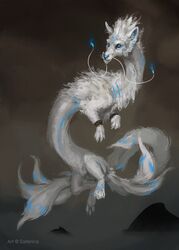  2019 9_tails asian_mythology blue_eyes canid canine digital_media_(artwork) dragon east_asian_mythology eastern_dragon etis featureless_crotch feral flying fog fox fur furred_dragon furred_scalie hi_res hybrid male mammal markings multi_tail mythological_creature mythological_scalie mythology nude saterina scalie simple_background sky solo tail white_body white_fur wristband 