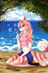  2:3 absurd_res anthro beach bubble canid canine celine_redpaw_(character) clothing female fox fur green_eyes hair heterochromia hi_res kneeling mammal markings nikolkaart orange_body orange_fur orange_hair plant purple_eyes red_body red_fur sand sea seaside shirt sky solo striped_markings stripes topwear tree water white_body white_fur 