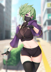  akira_(sayo_dayoo) black_gloves black_shorts black_thighhighs blurry blurry_background bracelet breasts cowboy_shot crop_top female genshin_impact gloves green_hair hair_between_eyes highres jacket jewelry kuki_shinobu large_breasts long_hair long_sleeves mask mouth_mask nail_polish navel necklace outdoors purple_eyes purple_jacket purple_nails short_shorts shorts solo thigh_gap thighhighs thighs 