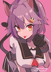  animal_ears black_gloves breasts cat_ears cat_girl cat_tail female gloves hair_between_eyes hair_ornament highres johssnny kantai_collection large_breasts neck_ribbon orange_eyes orange_ribbon paw_pose pink_background pink_hair ribbon short_hair simple_background solo tail tama_(kancolle) tama_kai_ni_(kancolle) tongue tongue_out twitter_username 