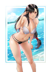  bare_shoulders bent_over bikini black_hair breasts cleavage day earrings exv feet_out_of_frame female final_fantasy final_fantasy_vii hair_between_eyes highres jewelry large_breasts long_hair looking_at_viewer low-tied_long_hair midriff navel outdoors parted_lips photoshop_(medium) red_eyes sleeveless smile solo stomach swimsuit teeth tifa_lockhart water 