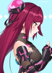  absurdres action_taimanin armor bare_shoulders bodysuit breasts elbow_gloves female fingerless_gloves from_side gauntlets gloves hair_ornament highres impossible_bodysuit impossible_clothes long_hair mari_(rodoney-kiara) ninja red_hair shiny_clothes skin_tight small_breasts solo su_jinlei taimanin_(series) taimanin_suit upper_body yellow_eyes 