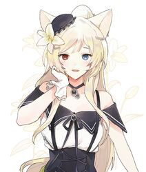  animal_ears arknights bare_shoulders black_choker black_hat blonde_hair blue_eyes cat_ears cat_girl choker commentary dal-gi dress female flower gloves hair_flower hair_ornament hat heterochromia korean_commentary long_hair looking_at_viewer mini_hat nightmare_(arknights) nightmare_(light_and_shadow)_(arknights) off-shoulder_dress off_shoulder official_alternate_costume parted_lips red_eyes sidelocks simple_background solo upper_body very_long_hair white_flower white_gloves 