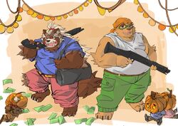  2020 angry anthro bear belly bonbonbear bottomwear canid canine clothing eyewear for_a_head glasses goemon_(tas) group halloween holidays kemono lifewonders male mammal object_head overweight overweight_male pants pumpkin_head raccoon_dog shirt tanuki tokyo_afterschool_summoners topwear tuokemao volos_(tas) weapon 