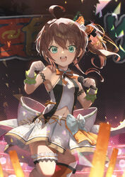  absurdres ahoge alternate_costume armband banner bow bowtie breasts brown_hair cat_hair_ornament clenched_hand clothing_cutout commentary concert cowboy_shot dancing elbow_gloves female fire frilled_garter from_below gloves glowstick green_eyes hair_ornament highres holding holding_microphone hololive hololive_idol_uniform huge_bow idol idol_clothes looking_at_viewer microphone natsuiro_matsuri navel navel_cutout official_alternate_costume open_mouth orange_bow orange_bowtie orange_thighhighs ringlets sanada_keisui shirt side_ponytail single_thighhigh sleeveless sleeveless_shirt small_breasts solo stadium thighhighs triangle_chain virtual_youtuber white_bow white_garter white_gloves 