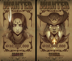  2girls braid character_name closed_mouth cowboy_hat cropped_legs earrings english_commentary facial_mark forehead_mark glowing glowing_eyes hat hat_feather high_noon_(league_of_legends) high_noon_irelia high_noon_senna highres irelia jewelry league_of_legends looking_at_viewer multiple_girls official_alternate_costume senna_(league_of_legends) sepia short_hair vladbacescu wanted 