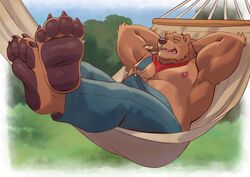  2023 4_toes absurd_res adios anthro bandana barefoot bear belly chewing_grass claws closed_eyes clothing detailed_background feet foot_fetish footwear hammock hand_behind_head hi_res kerchief little_bear lying male mammal moobs musclegut muscular nipples overalls overalls_only overweight overweight_male pawpads resting solo toes uncle_rusty_(little_bear) wheat_in_mouth 