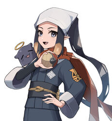  akari_(pokemon) akari_(pokemon)_(cosplay) befe black_hair black_undershirt blue_eyes blunt_bangs cosplay female flat_chest galaxy_expedition_team_survey_corps_uniform gradient_hair head_scarf holding holding_poke_ball hololive hololive_english long_hair multicolored_hair ninomae_ina&#039;nis orange_hair pointy_ears poke_ball poke_ball_(legends) pokemon pokemon_legends:_arceus red_scarf scarf sidelocks simple_background tentacle tentacle_hair upper_body very_long_hair virtual_youtuber white_background white_headwear 