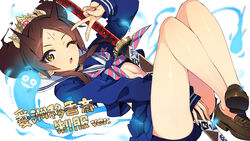  absurdres aisu_ikou_(eiyuu_senki) blue_shirt blue_skirt brown_footwear brown_hair eiyuu_senki eiyuu_senki_ww female hand_up highres horns katana legs_together loafers long_sleeves looking_at_viewer miniskirt navel neckerchief one_eye_closed ootomo_takuji pink_neckerchief pleated_skirt sailor_collar school_uniform serafuku shirt shoes skirt solo sword v weapon white_sailor_collar yellow_eyes 