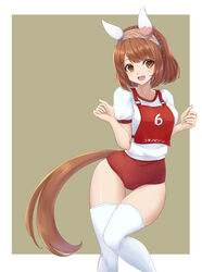  alternate_costume animal_ears braid breasts brown_background brown_eyes brown_hair buruma collarbone commentary crown_braid ear_covers female gym_shirt gym_uniform hairband headband highres horse_ears horse_girl horse_tail kemuri_(etep3372) looking_at_viewer medium_breasts medium_hair open_mouth original_race_uniform_(umamusume) race_bib red_buruma shirt short_sleeves smile solo t-shirt tail thigh_gap thighhighs thighs translated umamusume w_arms white_hairband white_thighhighs yukino_bijin_(umamusume) 