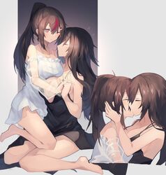  2girls black_dress breasts brown_hair closed_eyes commission detached_sleeves dress ear_piercing hair_ornament hairclip hands_on_another&#039;s_head kissing large_breasts long_hair multicolored_hair multiple_girls one_eye_closed original piercing ponytail red_hair sasa_onigiri sera_(judgemint) sitting skeb_commission sleeveless sleeveless_dress spaghetti_strap streaked_hair tongue tongue_out wariza white_dress yuri 