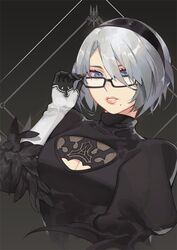  2b_(nier:automata) bespectacled black-framed_eyewear black_gloves blue_eyes breasts cleavage cleavage_cutout clothing_cutout feather-trimmed_sleeves feather_trim female glasses gloves grey_hair hairband ian_olympia mole mole_under_mouth nier:automata nier_(series) parted_lips puffy_sleeves short_hair solo turtleneck upper_body 