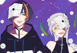  1boy arched_bangs ashieda_lenri bare_shoulders black_hair blunt_bangs bright_pupils choker commentary female goggles goggles_on_head green_eyes grey_hair grey_headwear hat head_tilt head_wings hood hood_down hoodie indie_virtual_youtuber long_hair looking_at_viewer mole mole_on_neck mole_under_mouth multicolored_hair o-ring o-ring_choker orange_eyes orange_hair paper_on_head pochi_(pochi-goya) pochimaru_(vtuber) pochimaru_(vtuber)_(1st_costume) purple_background roki_(vocaloid) short_hair smile streaked_hair target tongue tongue_out virtual_youtuber white_pupils wings 