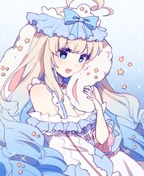  animal_ears blue_background blue_eyes blue_hair blush breasts ciosuii female gradient_background highres indie_virtual_youtuber long_hair looking_down luna_yutu pale_skin rabbit_ears rabbit_girl star_(symbol) twintails very_long_hair virtual_youtuber wavy_hair white_background white_hair 