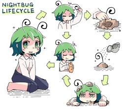  antennae arrow_(symbol) barefoot black_shorts blush_stickers bread breasts cape closed_mouth collared_shirt eating female food green_eyes green_hair highres holding looking_at_viewer pout shirt short_hair shorts sitting small_breasts smile solo touhou ugif underground watering watering_can white_background white_shirt wriggle_nightbug 