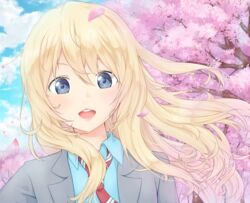  blazer blonde_hair blue_eyes blue_shirt blue_sky cherry_blossoms cloud commentary eyebrows_hidden_by_hair female floating_hair grey_jacket hair_between_eyes highres jacket kurenainoshi leaning_to_the_side long_hair looking_at_viewer loose_necktie miyazono_kawori necktie open_mouth outdoors petals red_necktie school_uniform shigatsu_wa_kimi_no_uso shirt sky solo striped striped_necktie teeth tree upper_body upper_teeth_only wind 