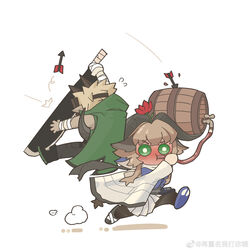  1boy alcohol arknights arrow_(projectile) barrel black_legwear blush carrying chinese_commentary coat commentary deflect drinking drinking_straw drinking_straw_in_mouth drunk female flower flower_on_head full-face_blush highres holding holding_sword holding_weapon horns open_clothes open_coat pallas_(arknights) running sarkaz_bodyguard_(arknights) sword weapon wine zai_chong_ming_wo_da_ni_o 