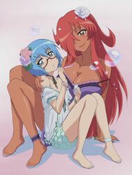  2girls anime_screenshot ankle_garter barefoot blowing_bubbles blue_hair breasts bubble dark-skinned_female dark_skin disc_menu feet flat_chest flower gimp_(medium) glasses gradient_background hair_flower hair_ornament hair_over_one_eye kirche_augusta_frederica_von_anhalt_zerbst large_breasts lingerie looking_at_viewer multiple_girls official_art pajamas pink_background red-framed_eyewear red_hair semi-rimless_eyewear tabitha_(zero_no_tsukaima) under-rim_eyewear underwear zero_no_tsukaima 