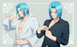  1boy abs artist_name bathrobe blue_hair dressing ferdinand_(honzuki_no_gekokujou) grey_background hand_up honzuki_no_gekokujou kaze-hime light_blue_hair long_sleeves male_focus medium_hair multiple_views open_clothes pectoral_cleavage pectorals standing wet yellow_eyes 