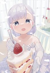  aharen-san_wa_hakarenai aharen_reina bare_shoulders blue_eyes blurry blurry_background blurry_foreground cake collarbone commentary_request depth_of_field dot_nose dress earrings elbow_gloves female food foreshortening fruit gloves hair_behind_ear highres holding holding_spoon incoming_food indoors jewelry light_blush light_purple_hair looking_at_viewer mizu_asato open_hand open_mouth short_hair solo spoon strapless strapless_dress strawberry table upper_body wedding_cake wedding_dress white_dress white_gloves 