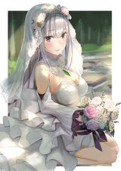  blush bouquet breasts cleavage dress emilia_(re:zero) female flower grey_hair highres kneeling long_hair purple_eyes re:zero_kara_hajimeru_isekai_seikatsu smile solo tomaco very_long_hair wedding_dress 