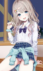  :d aqua_scrunchie blue_eyes blue_skirt blunt_bangs blush bow bowtie breast_pocket clothes_around_waist collared_shirt commentary_request cowboy_shot dress_shirt female fingernails gradient_hair gyaru hair_ornament hairclip hand_up high-waist_skirt highres idolmaster idolmaster_shiny_colors indoors kogal light_brown_hair long_fingernails long_hair long_sleeves looking_at_viewer microskirt miniskirt mirei multicolored_hair night open_mouth panties pink_hair pink_panties plaid plaid_bow plaid_bowtie plaid_skirt pleated_skirt pocket polka_dot polka_dot_panties polka_dot_scrunchie purple_bow purple_bowtie school_uniform scrunchie serizawa_asahi shirt shirt_tucked_in sitting skirt sleeves_pushed_up smile solo star_(sky) twirling_hair underwear upskirt wavy_hair white_shirt window wrist_scrunchie 