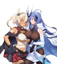  2girls :3 absurdres ahoge asymmetrical_docking azur_lane bare_shoulders black_gloves black_thighhighs blue_eyes blue_hair blush bodystocking breast_press breasts budget_sarashi cannon capelet chest_sarashi cleavage closed_mouth clothing_cutout coat coat_on_shoulders collar commission confrontation cowboy_shot crossover dark-skinned_female dark_skin dress elbow_gloves english_commentary face-to-face glasses gloves grey-framed_eyewear hair_between_eyes hand_on_own_hip headgear highres kantai_collection large_breasts long_hair looking_at_another metal_collar midriff miniskirt multiple_girls musashi_(kancolle) navel neckerchief new_jersey_(azur_lane) partially_fingerless_gloves pleated_skirt pointy_hair rectangular_eyewear red_eyes red_sailor_collar red_skirt rivals sailor_collar sakuramon sarashi second-party_source semi-rimless_eyewear shinidei side_cutout sidelocks simple_background skirt smile standing thighhighs two_side_up underboob very_long_hair white_background white_coat white_dress white_gloves yellow_neckerchief zettai_ryouiki 