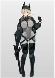  absurdres artist_name black_footwear black_gloves black_hat black_jacket blonde_hair blue_eyes blue_necktie bodysuit boots breasts closed_mouth female full_body girls&#039;_frontline girls&#039;_frontline_2:_exilium gloves gun harness hat headset highres holding holding_gun holding_weapon jacket large_breasts looking_at_viewer necktie open_clothes open_jacket rifle short_hair sniper_rifle solo standing sutekina_awa thigh_boots visor_cap vsk-94 vsk-94_(girls&#039;_frontline) weapon white_background white_bodysuit 