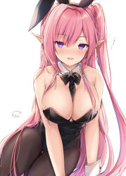  absurdres animal_ears black_leotard black_necktie black_pantyhose blush breasts cleavage detached_collar fake_animal_ears female highres kiri_celea large_breasts leotard long_hair looking_at_viewer necktie one_side_up original pantyhose parted_lips pink_hair playboy_bunny pointy_ears purple_eyes rabbit_ears simple_background smile solo white_background wrist_cuffs 