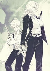  1boy alternate_costume alternate_hairstyle artist_name belt black_jacket black_pants bleach breasts cleavage coat coat_on_shoulders female hitsugaya_toushirou holding holding_sword holding_weapon huge_breasts jacket jewelry looking_at_viewer maotai matsumoto_rangiku mature_female mole mole_under_mouth necklace open_clothes open_jacket pants partially_unbuttoned sheath sheathed shirt short_hair standing suspenders sword weapon white_belt white_shirt wing_collar 