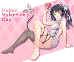  absurdres aran_sweater argyle_background backless_dress backless_outfit barefoot black_hair black_ribbon blush bow box breasts cable_knit commentary_request demon_girl demon_horns demon_tail dress feet female full_body grey_thighhighs hairbow happy_valentine heart-shaped_box highres horns kojo_anna kojo_anna_(3rd_costume) leg_ribbon legs long_hair looking_at_viewer medium_breasts meme_attire multicolored_hair nanashi_inc. no_shoes open_mouth pink_background pink_bow pointy_ears purple_hair ribbed_sweater ribbon robou_no_stone see-through see-through_thighhighs shiny_skin sideboob single_thighhigh smile solo standing sweater sweater_dress tail thighhighs toes turtleneck turtleneck_sweater twintails two-tone_hair valentine virgin_killer_sweater virtual_youtuber white_bow yellow_eyes 