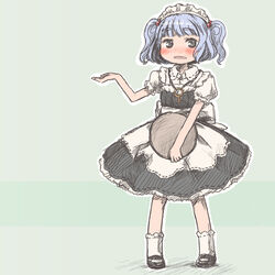  alternate_costume apron back_bow black_dress black_footwear blue_hair blush bow commentary dress enmaided female full_body green_background hair_bobbles hair_ornament hand_up holding holding_tray hozumiare kawashiro_nitori key looking_at_viewer maid maid_headdress mary_janes puffy_short_sleeves puffy_sleeves shirt shoes short_hair short_sleeves socks solo standing touhou tray two_side_up waist_apron white_bow white_shirt white_socks 