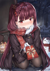  absurdres alternate_costume black_coat black_pantyhose blush box brown_skirt coat coffeedog commentary_request enpera female gift gift_box girls&#039;_frontline gloves hair_ornament hair_ribbon highres holding holding_gift incoming_gift kalina_(girls&#039;_frontline) long_hair long_sleeves miniskirt official_alternate_costume one_side_up pantyhose plaid plaid_skirt print_scarf purple_hair red_eyes red_ribbon red_scarf ribbon scarf skirt snow snowflake_hair_ornament snowflake_print snowman solo wa2000_(date_in_the_snow)_(girls&#039;_frontline) wa2000_(girls&#039;_frontline) weapon_bag white_gloves 