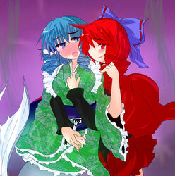  2girls blue_hair buuwa commentary_request dress drill_hair green_kimono hand_on_another&#039;s_chest interspecies japanese_clothes kimono mermaid monster_girl multiple_girls red_dress sekibanki touhou two-tone_background wakasagihime yuri 