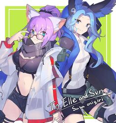  2girls animal_ears arknights artist_name bird_ears black_scarf black_shorts blue_eyes blue_hair blue_jacket blue_poison_(arknights) blue_poison_(arknights)_(cosplay) breasts cat_ears commission cosplay cowboy_shot ear_piercing hand_on_eyewear holding_hands hood hood_up jacket looking_at_viewer medium_breasts midriff multiple_girls navel open_clothes open_jacket original piercing pink_hair ponytail sasa_onigiri scarf schwarz_(arknights) schwarz_(arknights)_(cosplay) shirt shorts skeb_commission smile white_jacket white_shirt yuri 