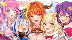  5girls amane_kanata amane_kanata_(1st_costume) blush bow breasts cleavage dakuryuu diagonal-striped_bow diagonal_stripes dragon_horns highres himemori_luna himemori_luna_(1st_costume) holoforce hololive horn_bow horn_ornament horns kiryu_coco kiryu_coco_(1st_costume) multiple_girls oerba_yun_fang sheep_horns smile striped tokoyami_towa tokoyami_towa_(1st_costume) tsunomaki_watame tsunomaki_watame_(1st_costume) virtual_youtuber 