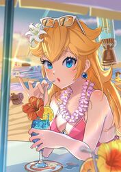  beach bikini bird blonde_hair blue_eyes breasts cleavage drink drinking drinking_straw earrings eyewear_on_head female flower flower_necklace food fruit glasses hair_flower hair_ornament hibiscus highres holding holding_drink jewelry kurere1202 lei lemon lemon_slice lips long_hair looking_at_viewer mario_(series) mario_kart mario_kart_tour medium_breasts ocean official_alternate_costume outdoors princess_peach princess_peach_(swimwear) red_flower rocket_flower_(mario) sand snail sphere_earrings sunlight super_mario_odyssey swimsuit table tropical_drink water white_flower yellow_flower 