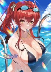  azur_lane bikini black_bikini blush breasts commentary commission felielle female goggles goggles_on_head highres holding holding_whistle italian_flag large_breasts looking_at_viewer o-ring o-ring_bikini official_alternate_costume outdoors pool pool_ladder poolside red_hair side_ponytail sideboob solo swimsuit upper_body wet whistle whistle_around_neck yellow_eyes zara_(azur_lane) zara_(poolside_coincidence)_(azur_lane) 