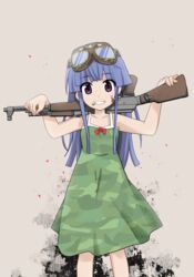  ak-47 assault_rifle bare_shoulders blue_hair blunt_bangs camouflage cigar dress female furude_rika goggles goggles_on_head green_dress grin gun highres higurashi_no_naku_koro_ni kalashnikov_rifle long_hair looking_at_viewer purple_eyes red_ribbon ribbon rifle sleeveless smile solo tonogai_yoshiki weapon 