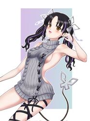  aran_sweater black_hair black_ribbon blush bow breasts cable_knit commentary_request cowboy_shot demon_girl demon_horns demon_tail dress dutch_angle earclip female grey_sweater hairbow halterneck highres horns kaduitutu kojo_anna kojo_anna_(3rd_costume) leg_ribbon long_hair looking_at_viewer medium_breasts meme_attire multicolored_hair nanashi_inc. official_alternate_costume open_mouth outline pointy_ears purple_hair ribbed_sweater ribbon shiny_skin sideboob smile solo sweater sweater_dress tail turtleneck turtleneck_sweater twintails two-tone_hair virgin_killer_sweater virtual_youtuber white_bow white_outline yellow_eyes 