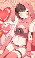  alternate_costume animal_ears animal_hood arm_ribbon arm_warmers balloon black_ribbon blush breasts brown_hair closed_mouth commentary_request cushion detached_sleeves fake_animal_ears female heart heart_balloon highres hood hood_up kantai_collection looking_at_viewer medium_breasts panties pink_panties pink_theme rabbit_ears rabbit_hood ribbon sitting solo thigh_strap thighhighs un&#039;you_(kancolle) underwear yawata_maru_(kancolle) yellow_eyes yomogi_dango 