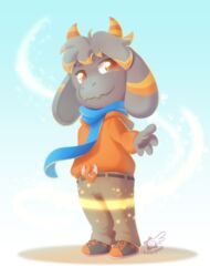  anthro blue_scarf bottomwear bovid caprine chibi clothing floppy_ears footwear fur goat grey_body grey_fur gusta_(gusta) hair hoodie horn khaki_pants lugidog male mammal orange_clothing orange_eyes orange_hoodie orange_horn orange_stripes orange_topwear scarf shoes simple_background solo standing stripes topwear 