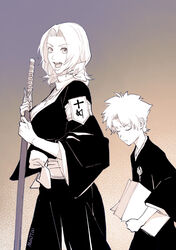  1boy aged_down artist_name black_kimono bleach breasts cleavage closed_eyes female from_side gradient_background hitsugaya_toushirou holding holding_paper holding_sword holding_weapon japanese_clothes jewelry kimono large_breasts looking_at_viewer looking_to_the_side maotai matsumoto_rangiku medium_hair mole mole_under_mouth necklace open_mouth paper short_hair simple_background sword weapon wide_sleeves 