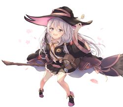  :d arm_up bag bare_legs black_cloak black_coat black_hat black_robe black_skirt blue_eyes bow braid broom broom_riding brown_bag cloak coat collared_shirt dress_shirt elaina_(majo_no_tabitabi) female flower flying frilled_skirt frills full_body gem hair_between_eyes hakuya_(white_night) hand_on_headwear hat hat_ornament jewelry long_sleeves looking_at_viewer looking_up majo_no_tabitabi multicolored_footwear neck_ribbon open_clothes open_mouth pendant petals pink_bow pink_flower pleated_skirt ribbon robe scroll shirt sidesaddle single_braid sitting skirt smile solo white_background white_hair white_shirt wide_sleeves witch witch_hat yellow_ribbon 