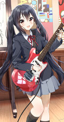  :d absurdres black_hair black_jacket black_socks blazer breast_pocket brown_eyes bulletin_board buttoned_cuffs buttons cable collared_shirt commentary electric_guitar feet_out_of_frame female fender_mustang grey_skirt guitar hair_between_eyes highres holding holding_guitar holding_instrument indoors instrument jacket k-on! lapels long_hair long_sleeves miniskirt nakano_azusa neck_ribbon open_mouth pentagon_(railgun_ky1206) pleated_skirt pocket red_ribbon ribbon sakuragaoka_high_school_uniform school_uniform shirt skirt smile socks solo standing teeth twintails upper_teeth_only winter_uniform wooden_floor 