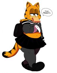  ... 1boy animal_ears animal_nose bag black_sailor_collar black_skirt cat_boy cat_ears cat_tail commentary crossdressing english_text eric_lowery fat food full_body furry furry_male garfield garfield_(character) grey_serafuku grey_shirt grey_thighhighs half-closed_eyes highres jitome lasagne long_sleeves male_focus mouth_hold neckerchief pleated_skirt sailor_collar school_bag school_uniform serafuku shirt shoes simple_background skirt solo speech_bubble spoken_ellipsis tail talking thick_thighs thighhighs thighs white_background white_neckerchief 