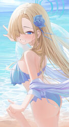  1boy absurdres alternate_costume ass asuna_(blue_archive) bare_shoulders beach bikini blonde_hair blue_archive blue_bikini blue_eyes blue_flower blue_rose blue_sky blush breasts commentary day female flower from_behind hair_flower hair_ornament hair_over_one_eye halo halterneck highres holding_hands large_breasts long_hair looking_at_viewer outdoors pointing pointing_forward rose sideboob sky smile starblue swimsuit very_long_hair water 