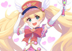  :d arms_up blonde_hair bow commentary elbow_gloves female gloves green_eyes hair_between_eyes hand_on_headwear hat heart highres holding long_hair monika_weisswind open_mouth peaked_cap princess_connect! red_bow red_hat shimon_(31426784) shirt simple_background sleeveless sleeveless_shirt smile solo teeth twintails upper_body upper_teeth_only v-shaped_eyebrows very_long_hair white_background white_gloves white_shirt white_wings winged_hat wings 