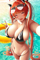  azur_lane bikini black_bikini black_ribbon blush breasts cleavage collarbone commentary_request commission covered_nipples crab crab_on_shoulder day eyewear_on_head female groin hair_ribbon honolulu_(azur_lane) honolulu_(summer_accident?!)_(azur_lane) large_breasts long_hair looking_at_viewer navel official_alternate_costume outdoors reaching reaching_towards_viewer red_eyes red_hair ribbon skeb_commission skindentation solo stomach sunglasses swimsuit thighs twintails v wading water wet zukky 